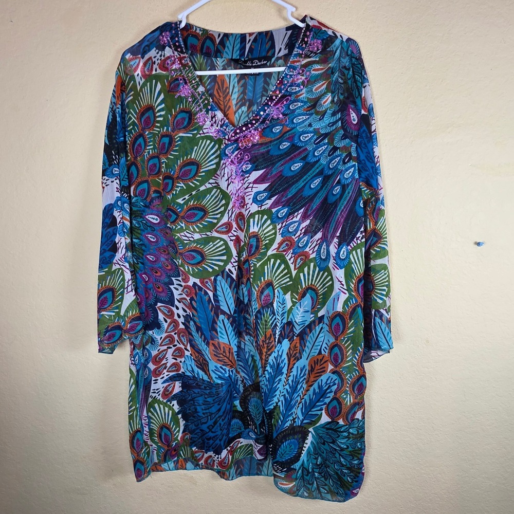 Double Decker Peacock Print Sequin Maximalist semi sheer Tunic Top artsy Medium